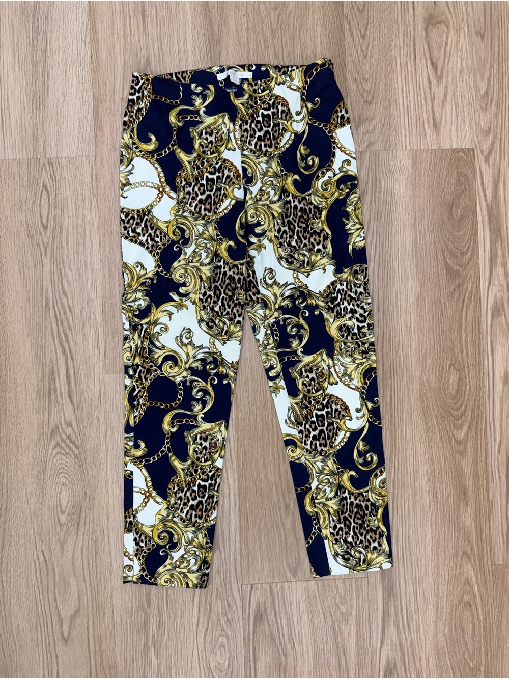 Boston Proper Navy, Gold & White Baroque-Print Straight Leg Pants